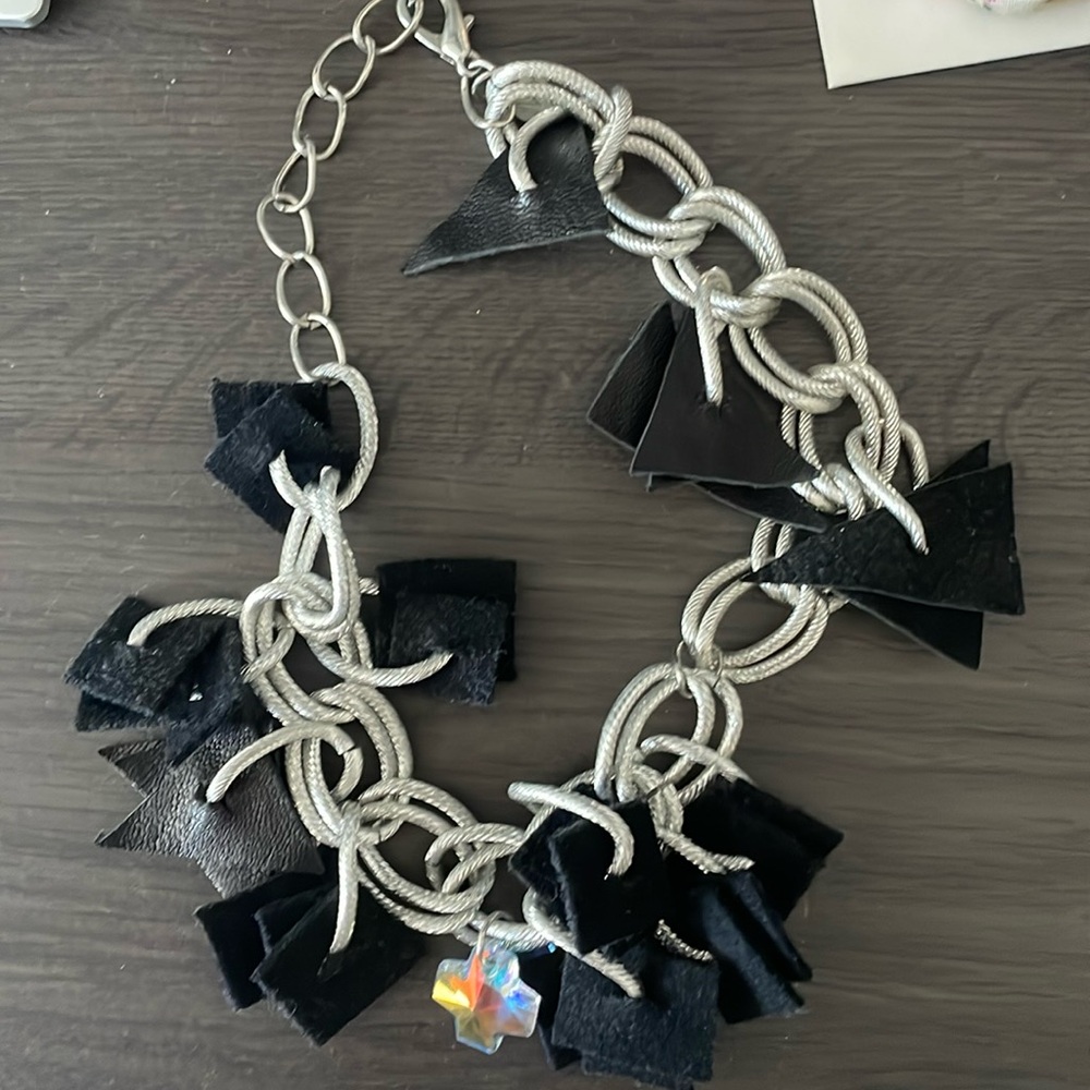 Necklace with silver chain with black accent and crystal cross